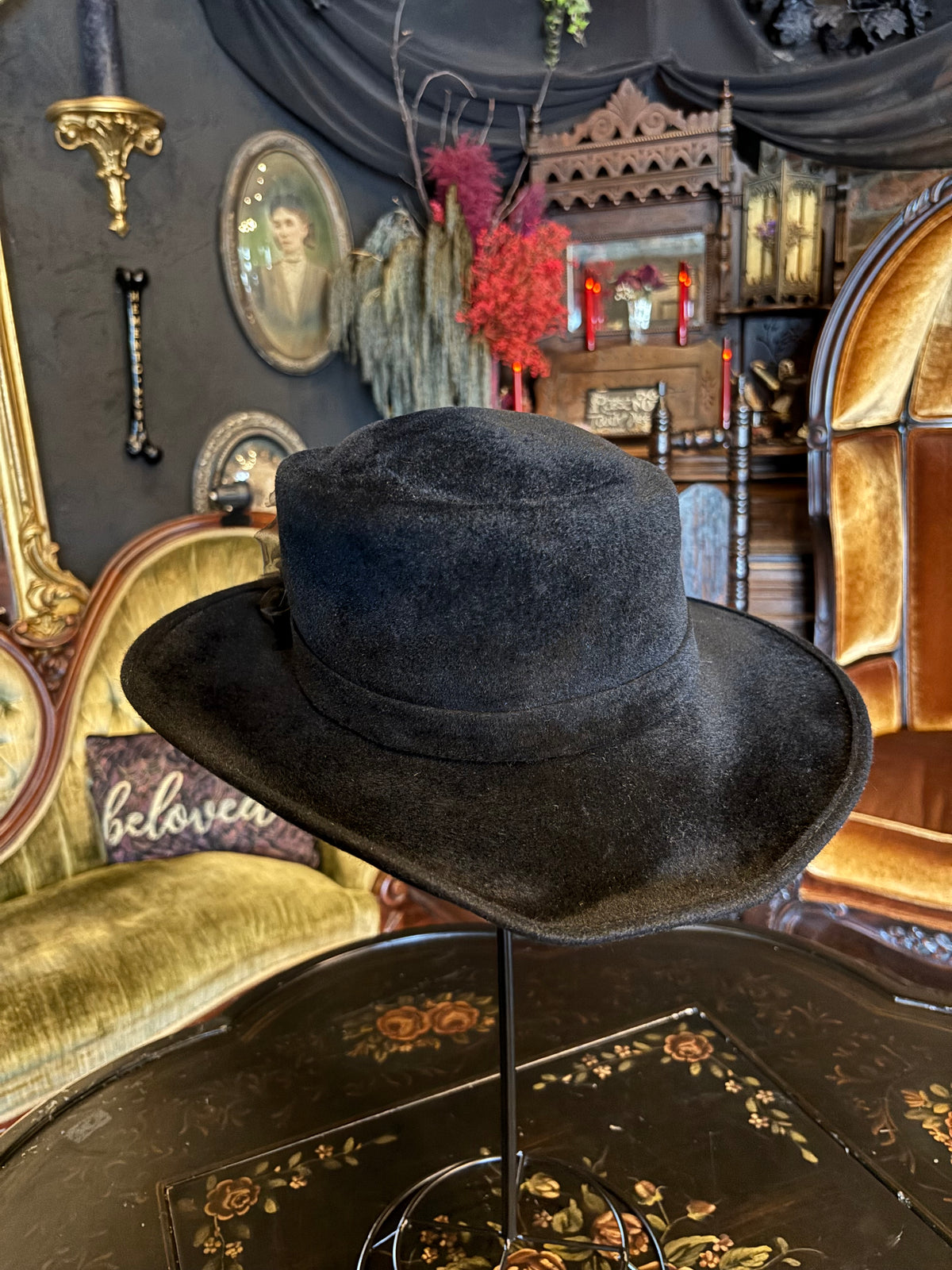 Vintage Nordstrom Chic Black Asymmetrical Felt Hat With Flower Detail