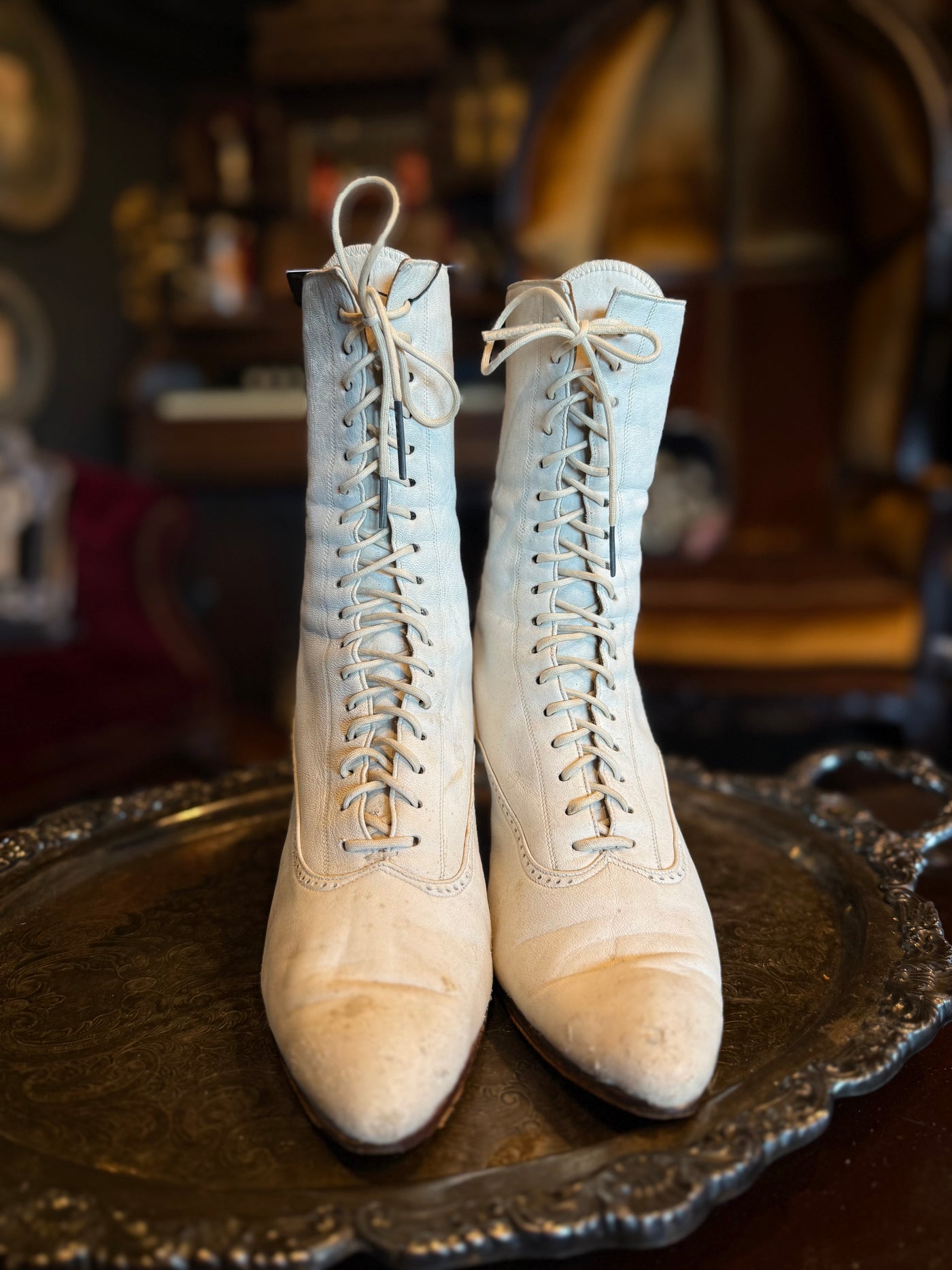Antique Victorian White Leather Lace-Up Corset High Heeled Boots