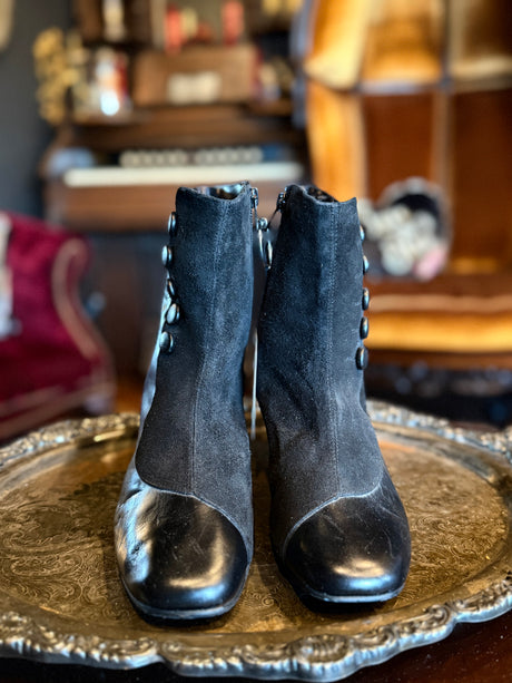 Vintage Black Leather and Suede Button Snap Detail Heeled Boots