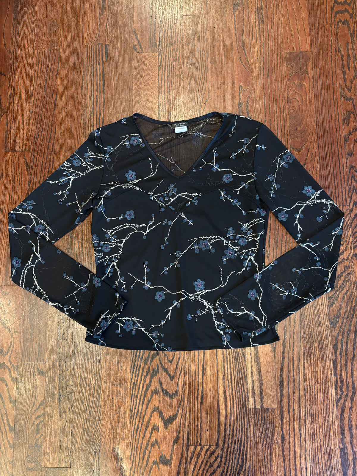 90s Floral Black Mesh Long Sleeve Top