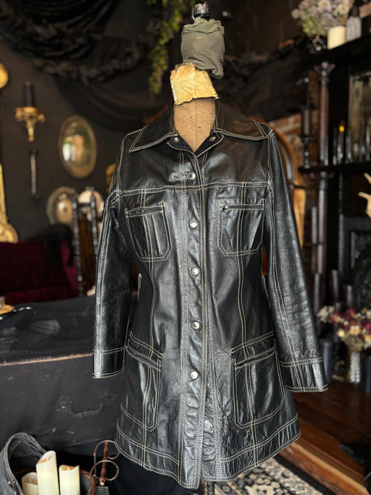 Vintage Black and White Leather Contrast Stitched Coat