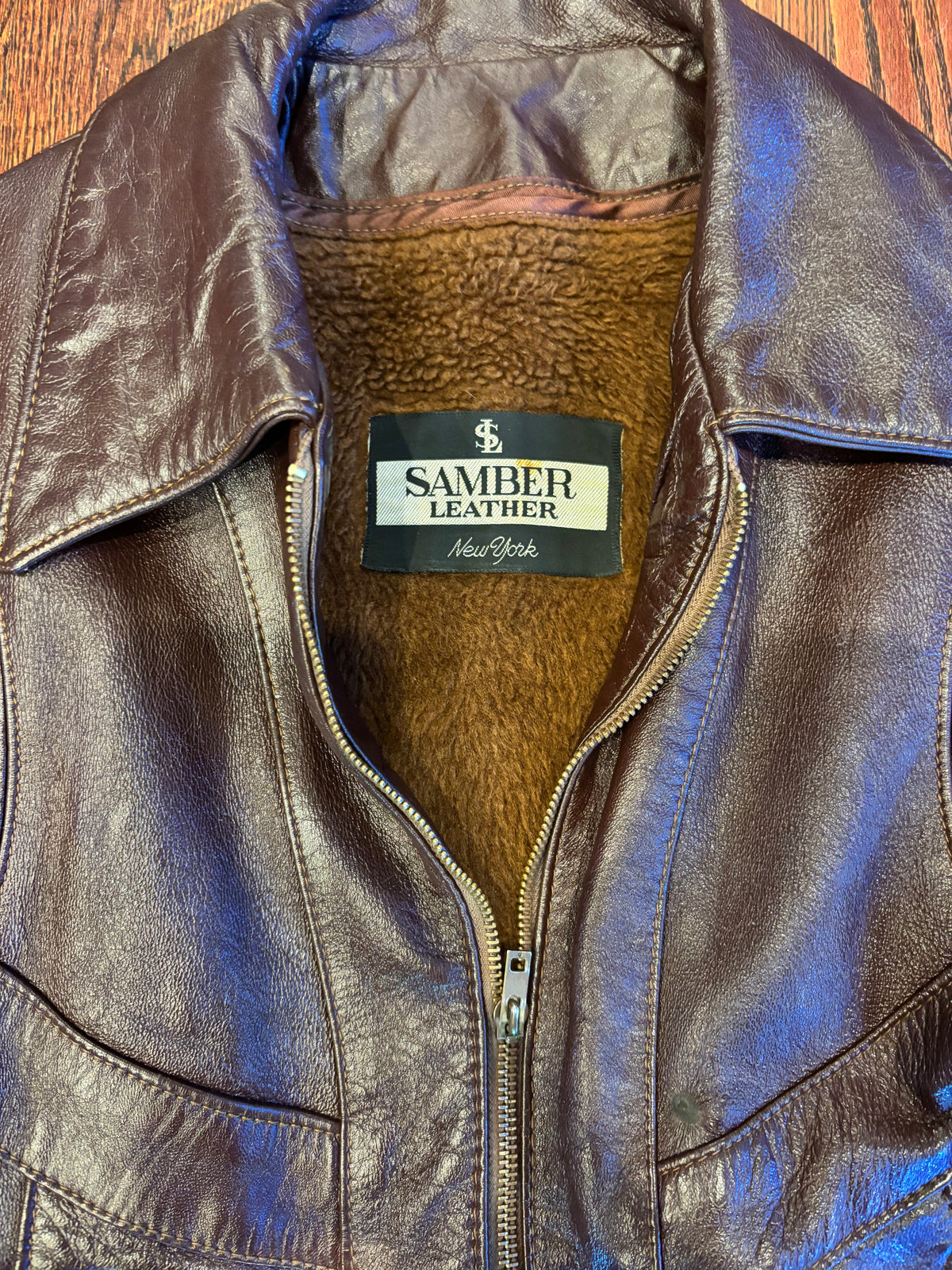 Vintage Samber Leather Brown Cognac Faux Fur Lined Leather Jacket