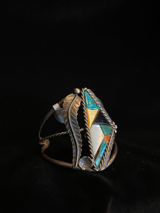 Vintage Sterling Silver Leaf Detail Multi-Stoned Cuff