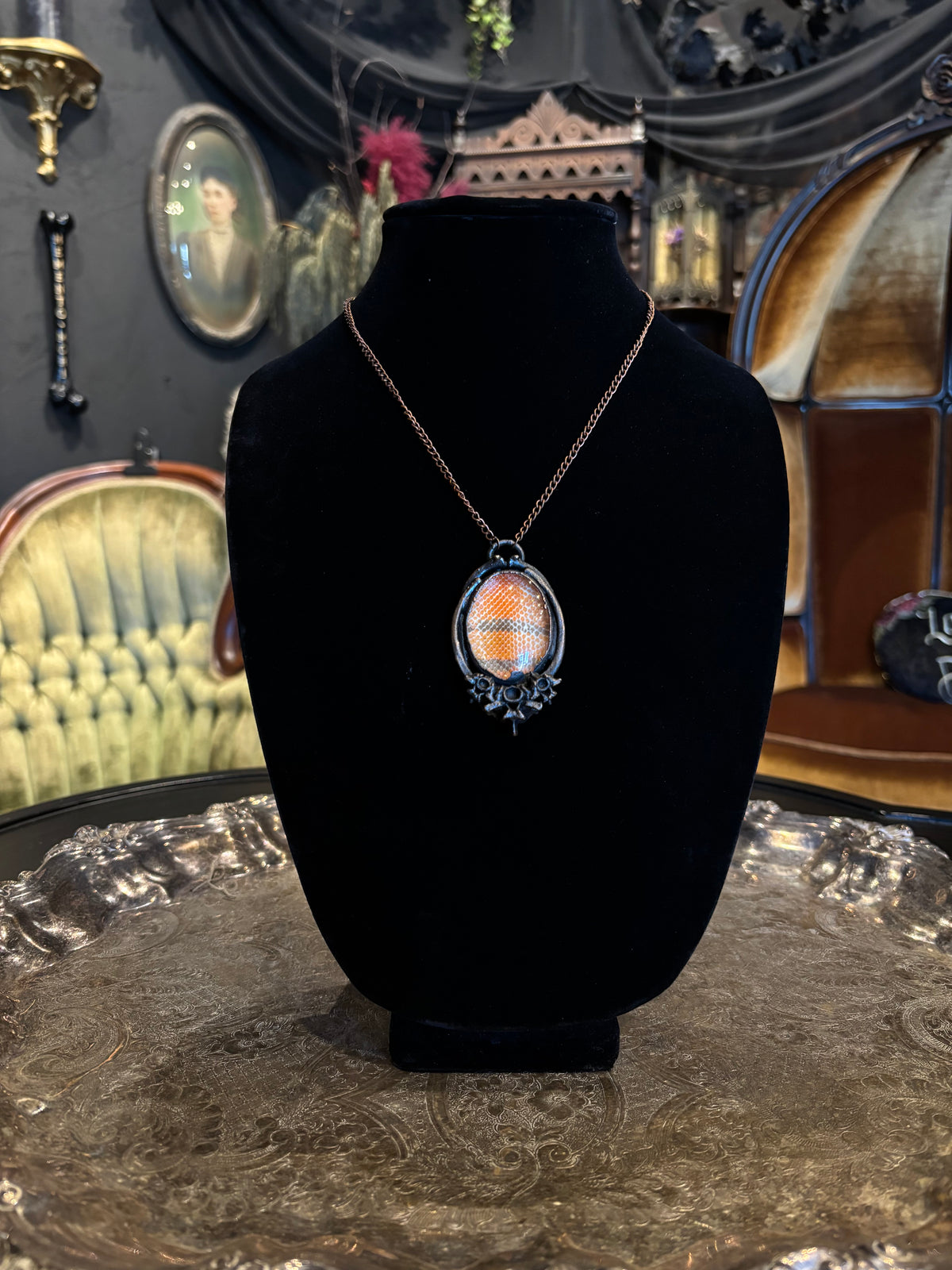 Speciality Bright Orange Floral Detail Oxidized Copper Snakeskin Shed Amulet Pendant Necklace by Darling Dead