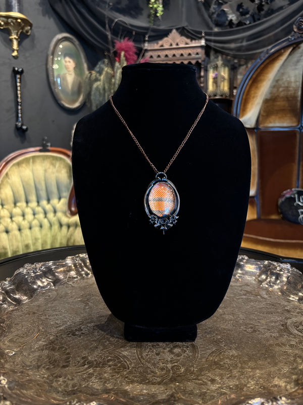 Speciality Bright Orange Floral Detail Oxidized Copper Snakeskin Shed Amulet Pendant Necklace by Darling Dead