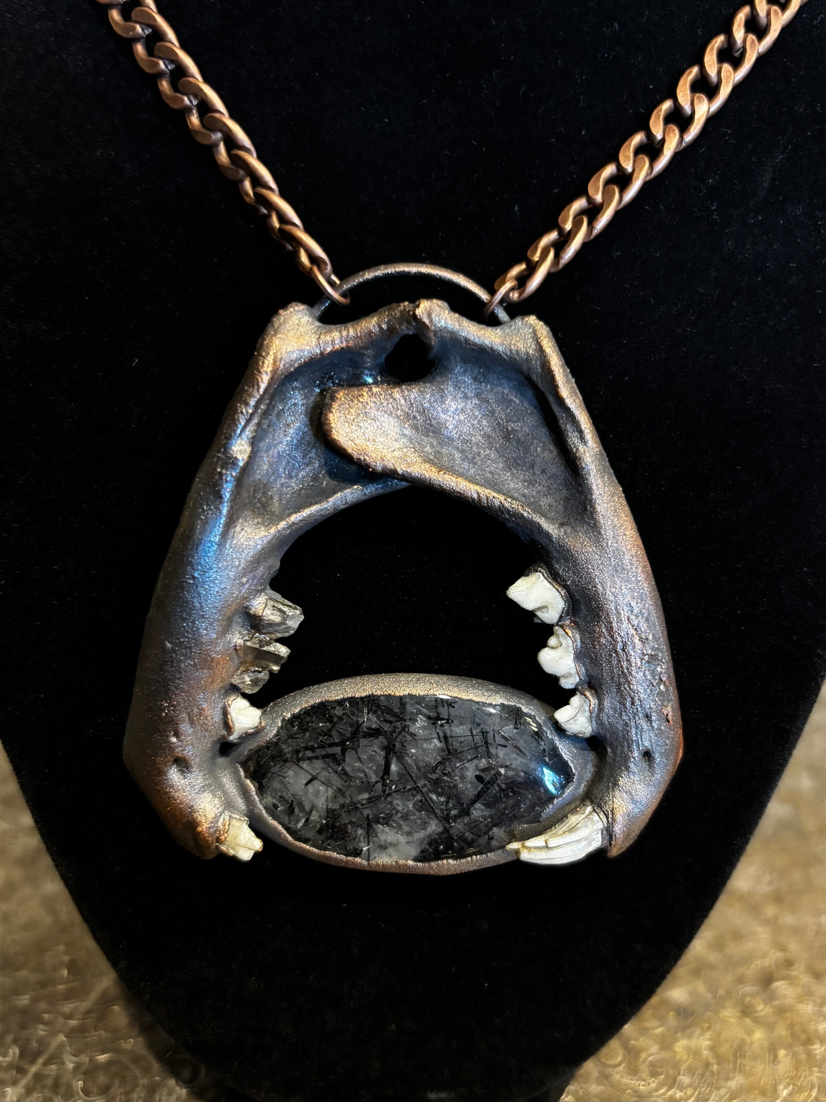 Specialty Copper Toned Jaw Bone Tourmalated Quartz Statement Necklace