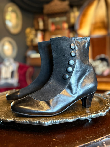 Vintage Black Leather and Suede Button Snap Detail Heeled Boots