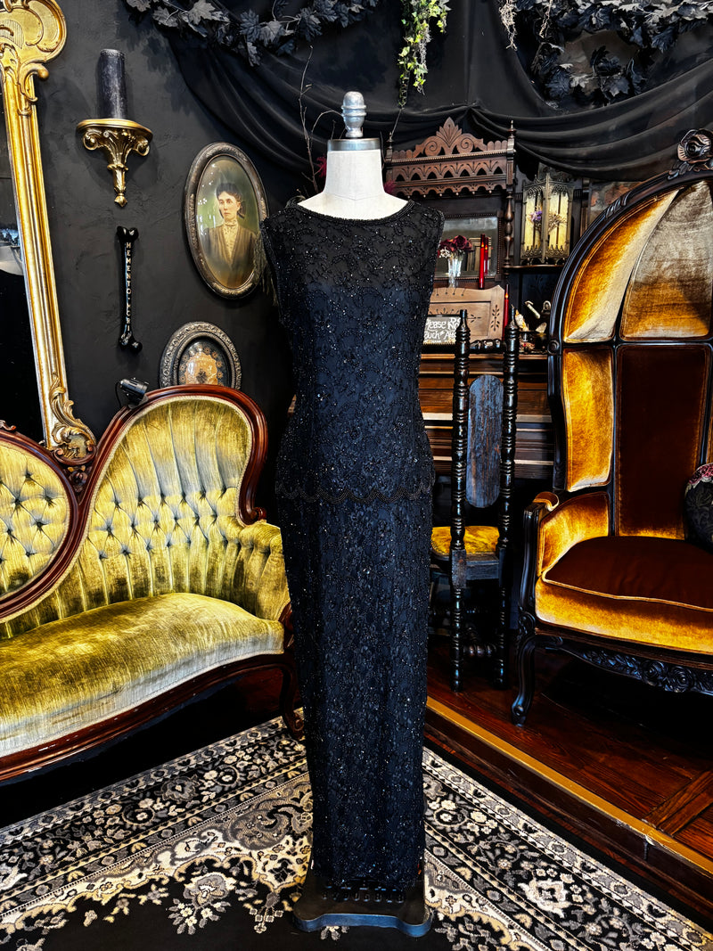 Vintage Decadent Drop Waist Lace Beaded Maxi Dress