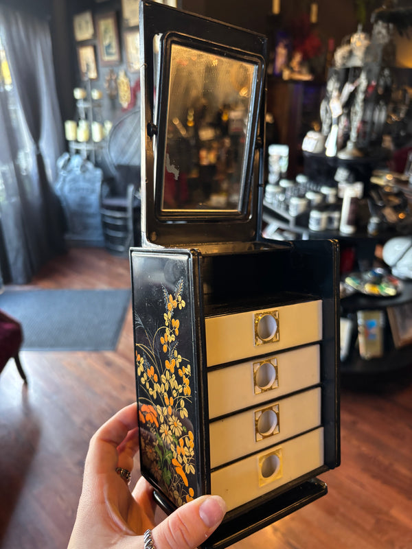 Adorable Vintage Black Floral Decorated Plastic Vanity Box with Shelves and Mirror