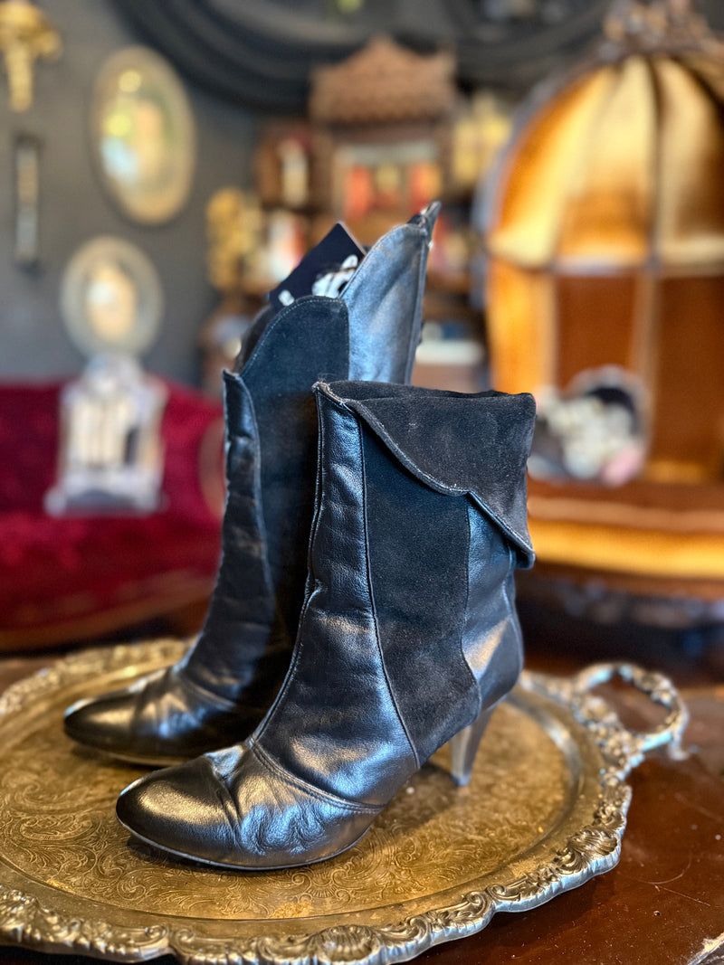 Vintage Black Smooth and Suede Leather Convertible High Heeled Boots