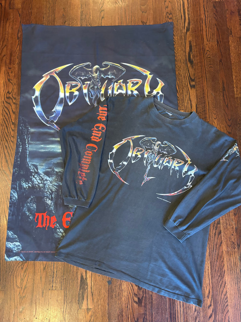 Vintage 1992 Obituary ‘The End Complete’ Ultimate Two-Piece Tapestry and Long Sleeve Tour T-Shirt Bundle