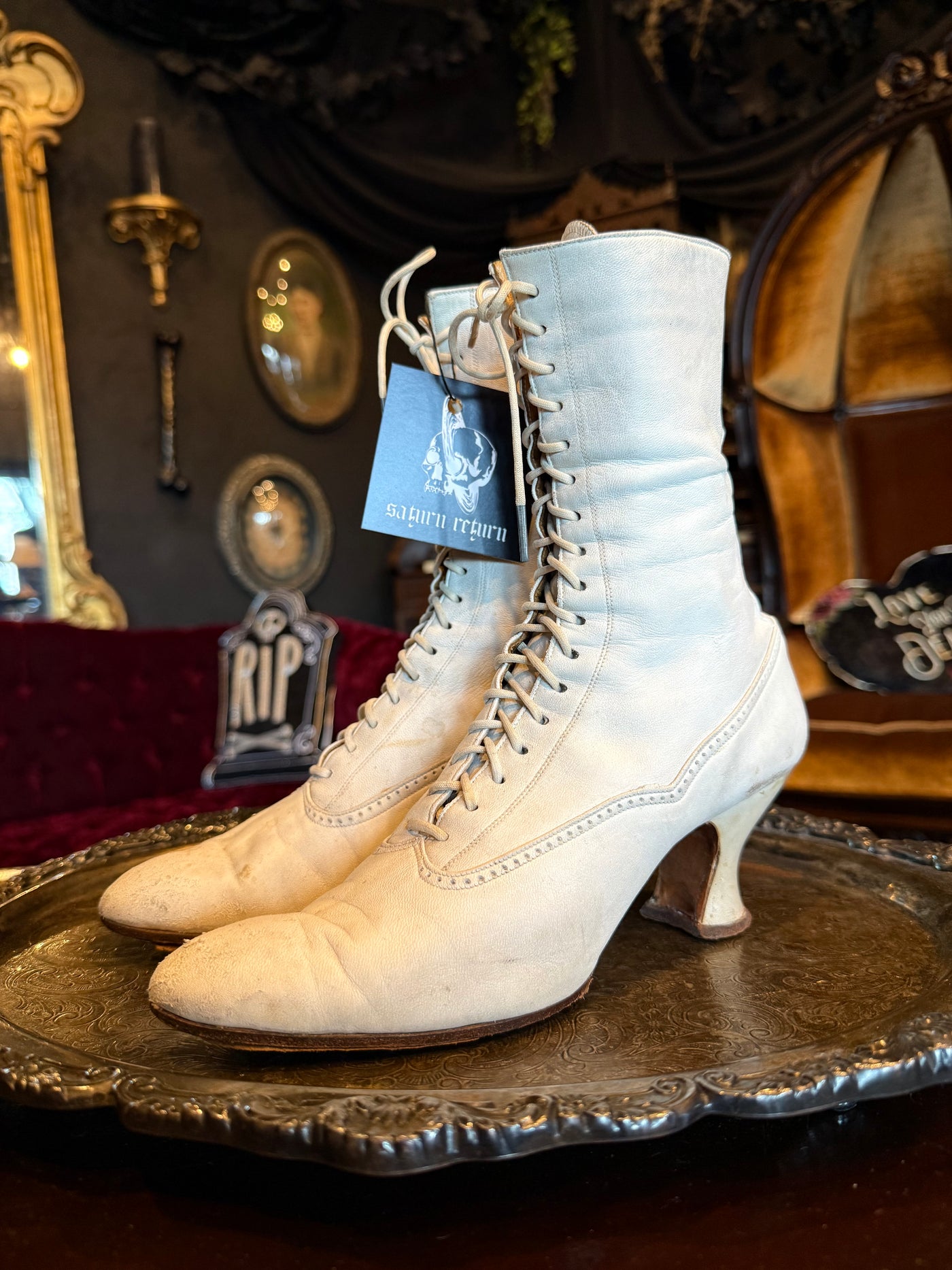 Antique Victorian White Leather Lace-Up Corset High Heeled Boots