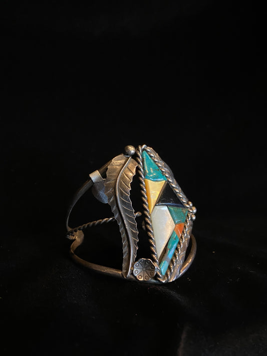 Vintage Sterling Silver Leaf Detail Multi-Stoned Cuff