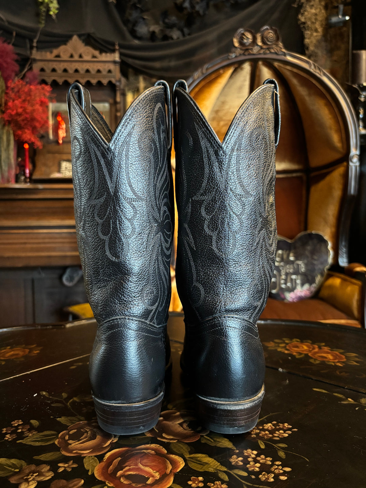 Dan Post Classic Black Leather Embroidered Cowboy Boots