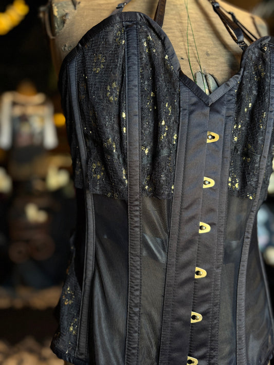 Corset story black and gold mesh corset