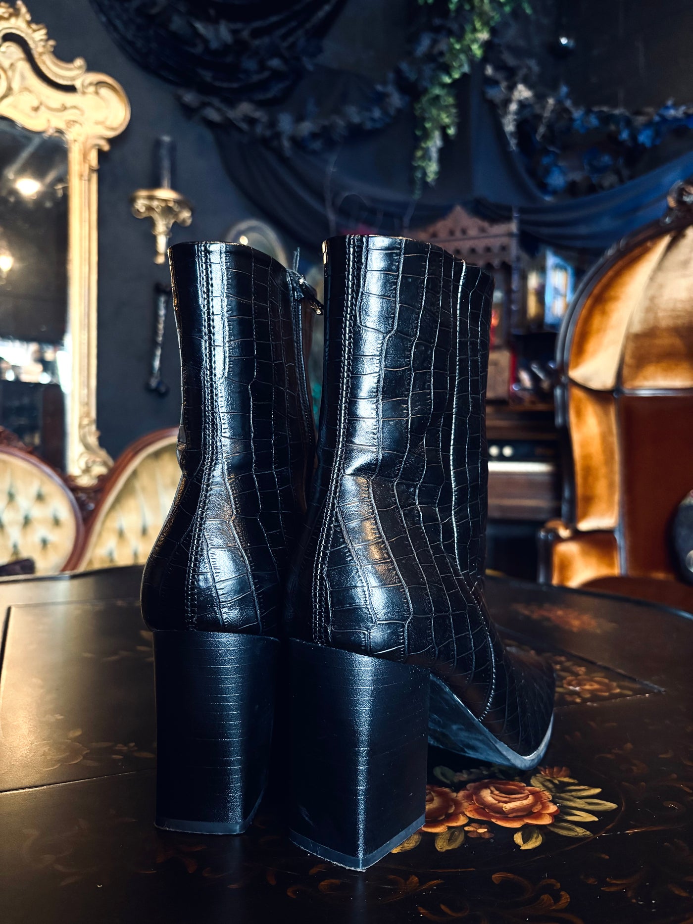 Truffle Collection 90’s Style Square Toe Black Vegan Leather Croc Embossed Chunky Heel Ankle Boots