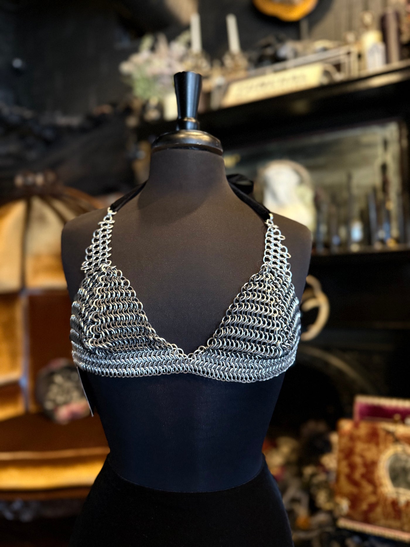 Handmade Silver & Black Velvet Chainmail Bikini Bra Halter Top