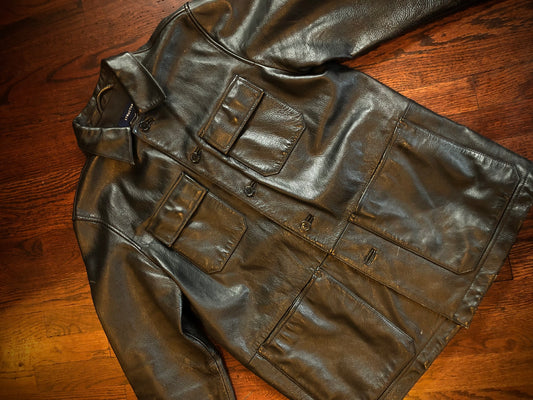 Structure Buttoned Black Leather Coat