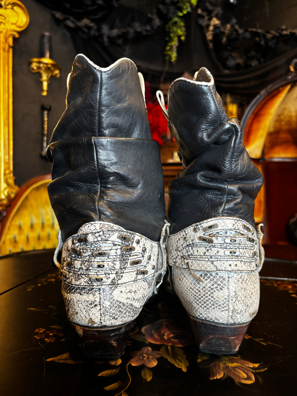 Vintage Leather and Snake Skin Slouchy Cowboy Boots ￼