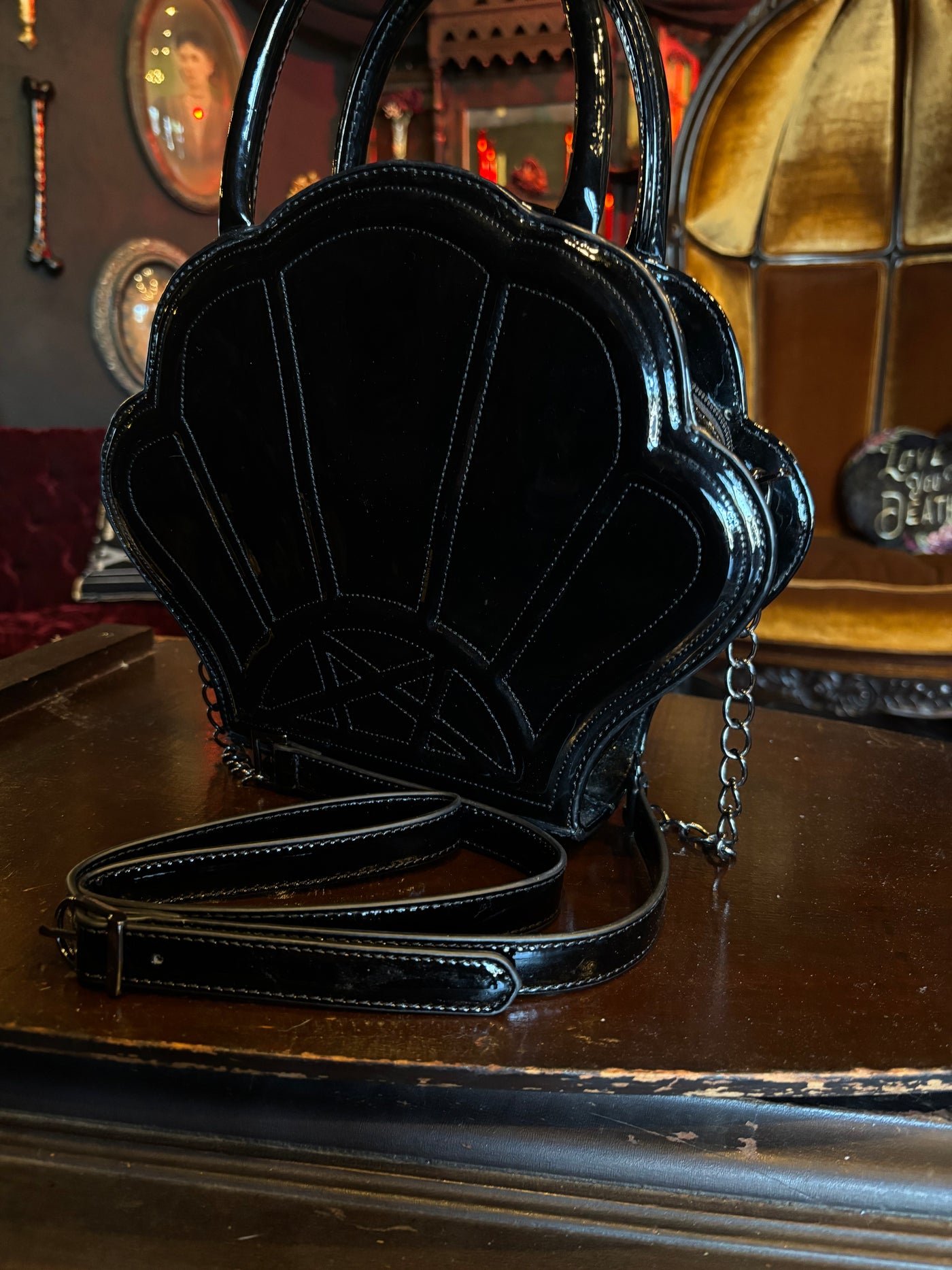 Killstar Black Vinyl Seashell Handbag w/Adjustable Crossbody Strap