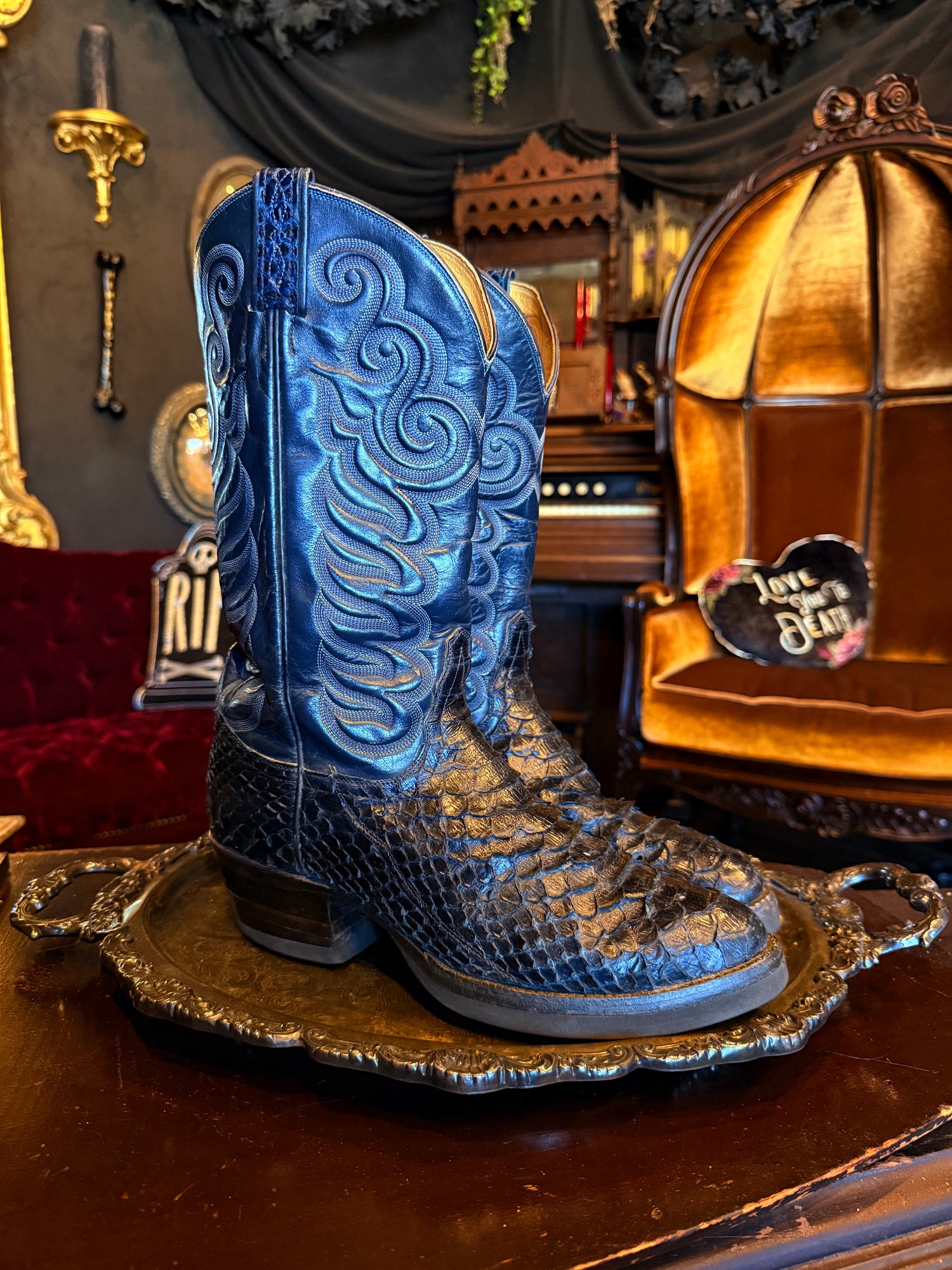 Tony Lama Dark Blue Teal Snakeskin Ornate Cowboy Boots