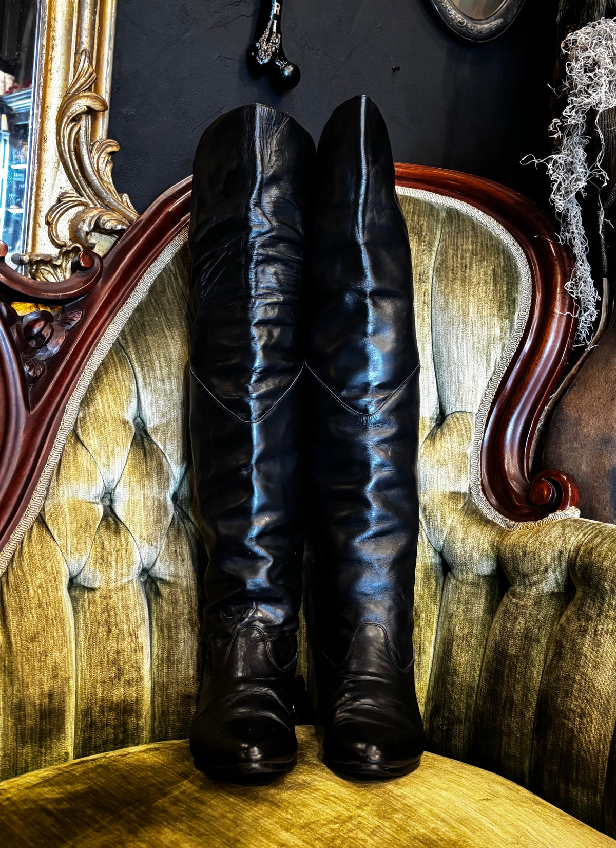 Vintage Black Leather Pirate Style Sky Thigh High Boots