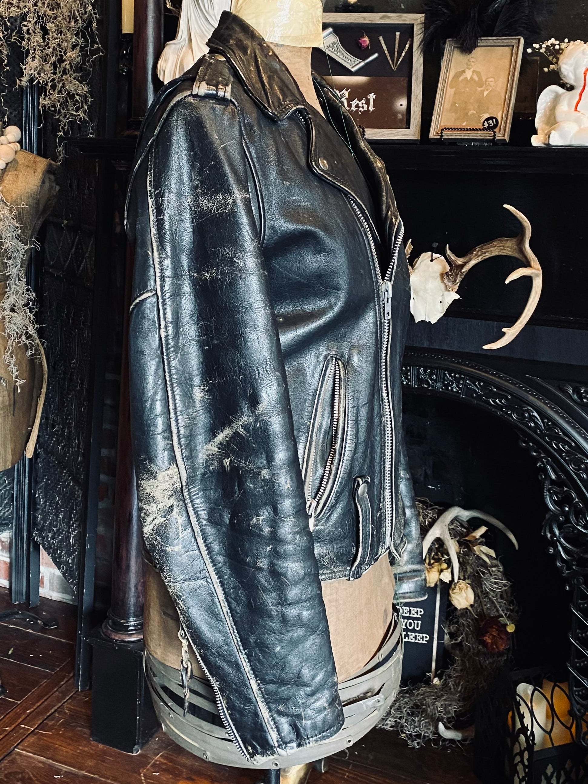Vintage 70's Harley-Davidson Weathered Black Leather Motorcycle