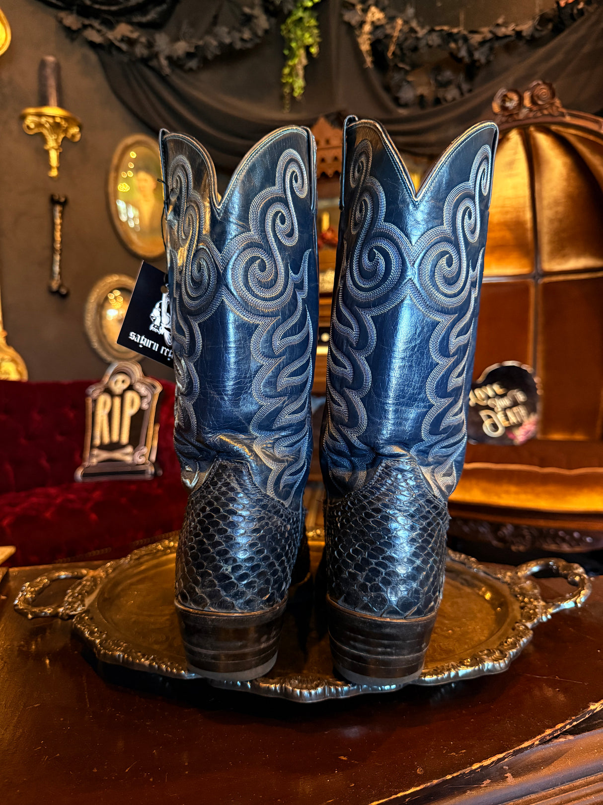 Tony Lama Dark Blue Teal Snakeskin Ornate Cowboy Boots