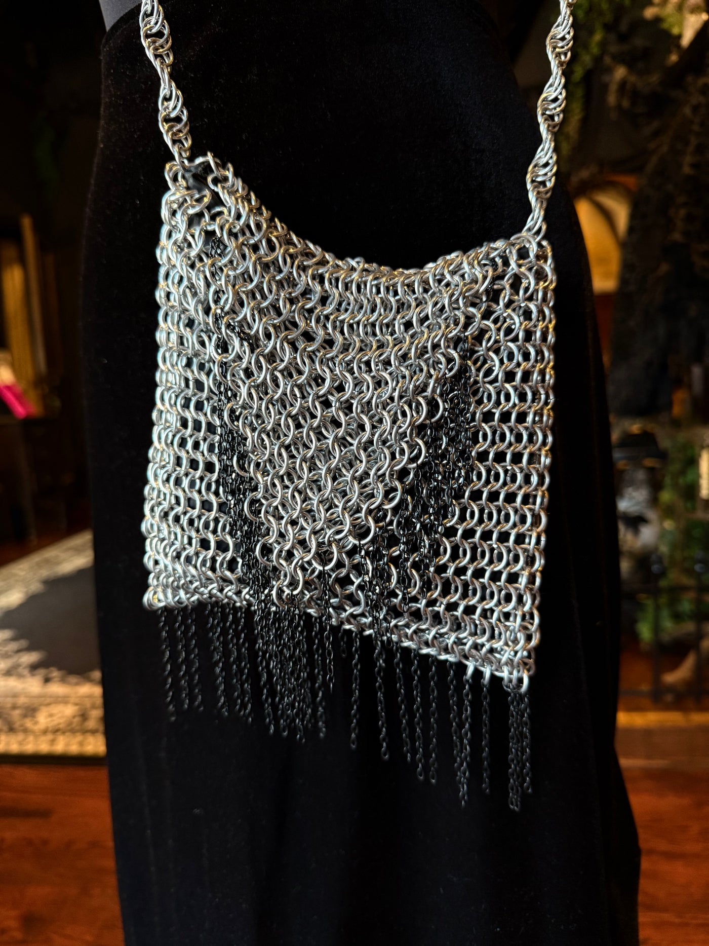 Handmade Silver w/Black Chain Chainmail Crossbody Medium Size Bag