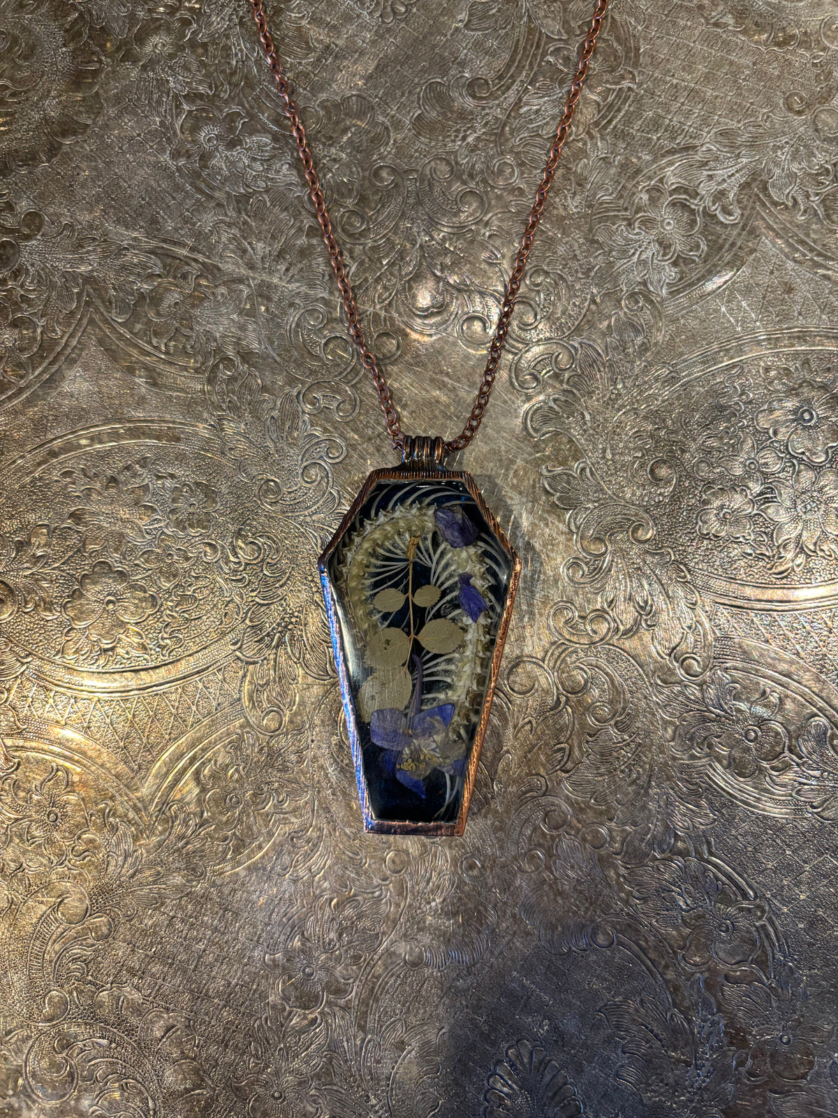 Large Oxidized Copper Coffin Encased Spine and Dried Floral Pendant Necklace by Darling Dead