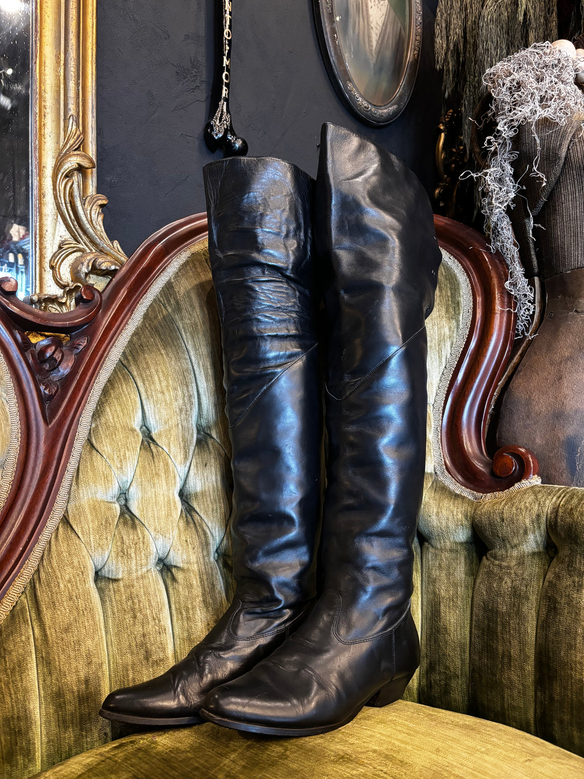 Vintage Black Leather Pirate Style Sky Thigh High Boots