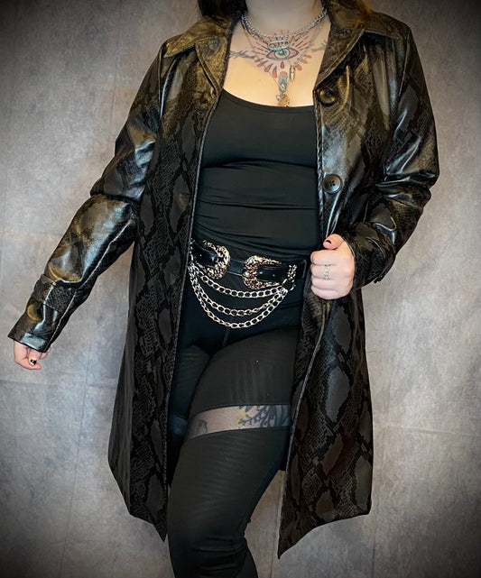 Straight To Hell Snake Print Faux Leather Trench Coat