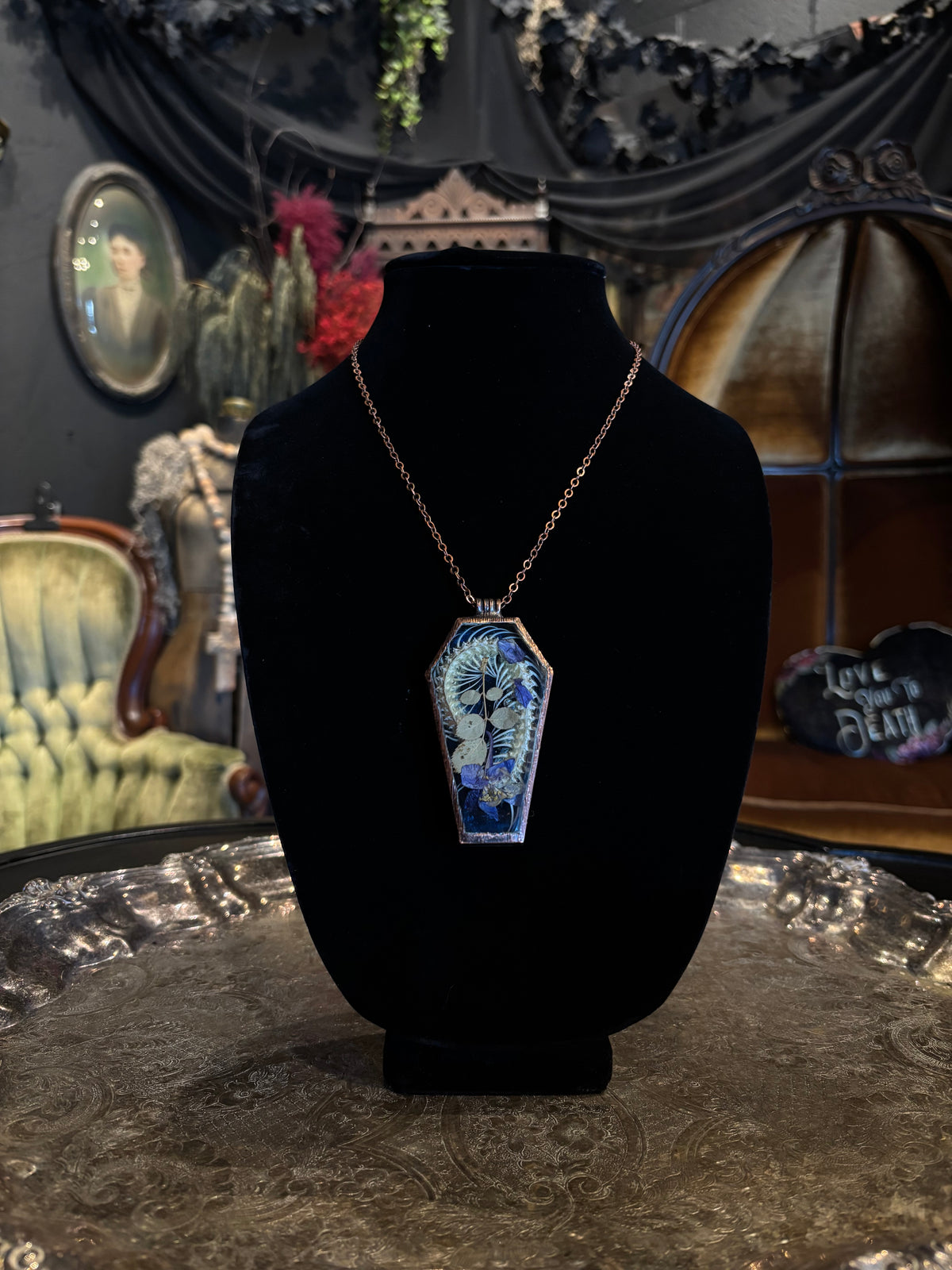 Large Oxidized Copper Coffin Encased Spine and Dried Floral Pendant Necklace by Darling Dead