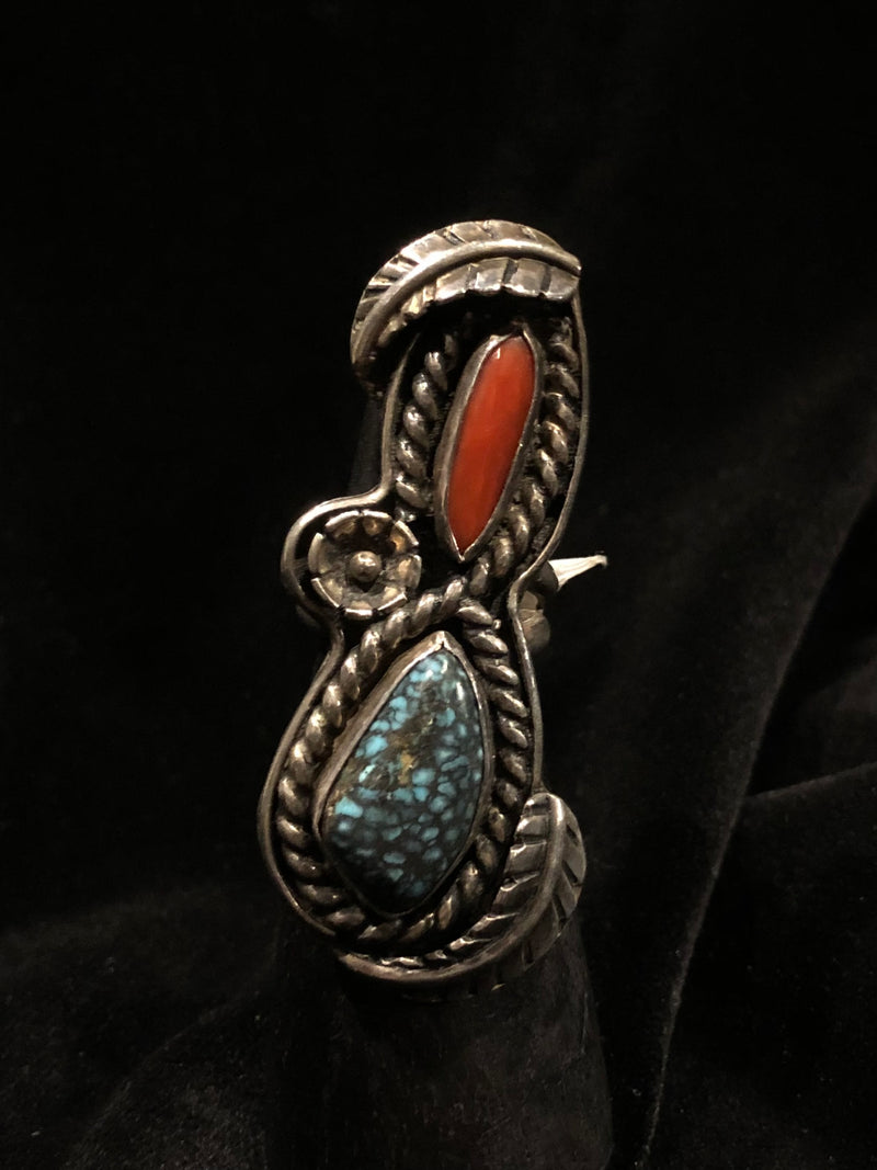 Stunning Handmade Sterling Silver Turquoise and Red Coral Double Stone Rope & Feather Detail Southwest Style Ring