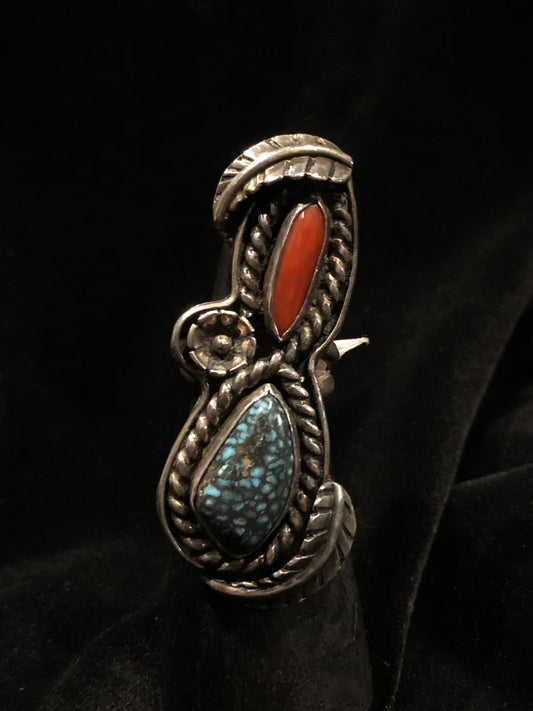 Sterling Silver Turquoise and Red Coral Double Stone Ornate Ring