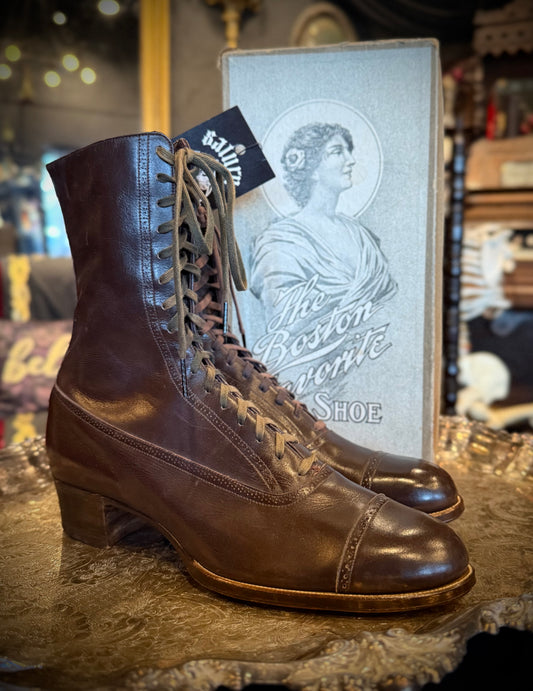 Antique ‘The Boston Favorite’ Brown Leather Deadstock Victorian Lace-Up Boots w/ Original Box