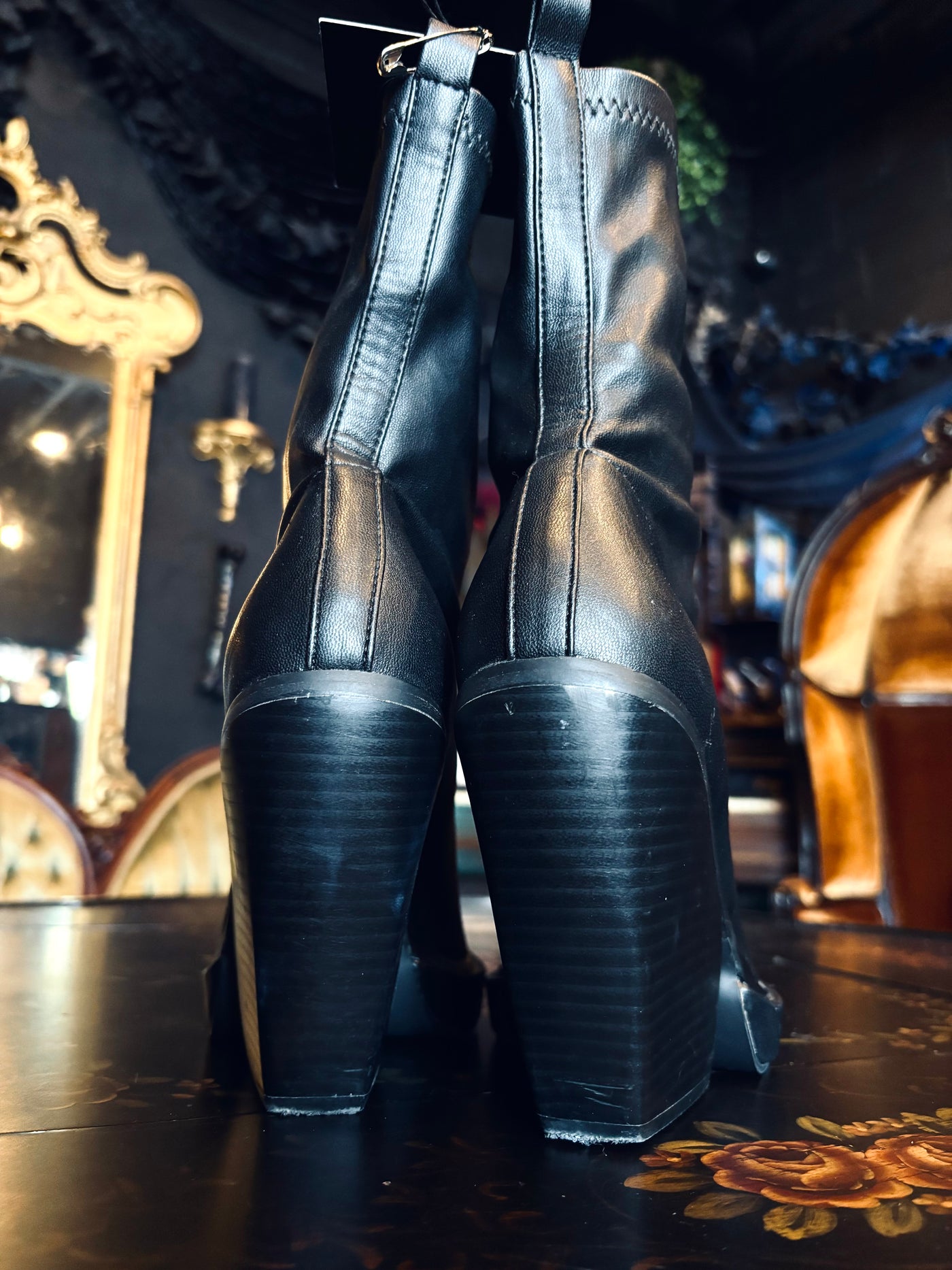 Desire Black Vegan Leather Square Toe Chunky Heel Ankle Sock Booties