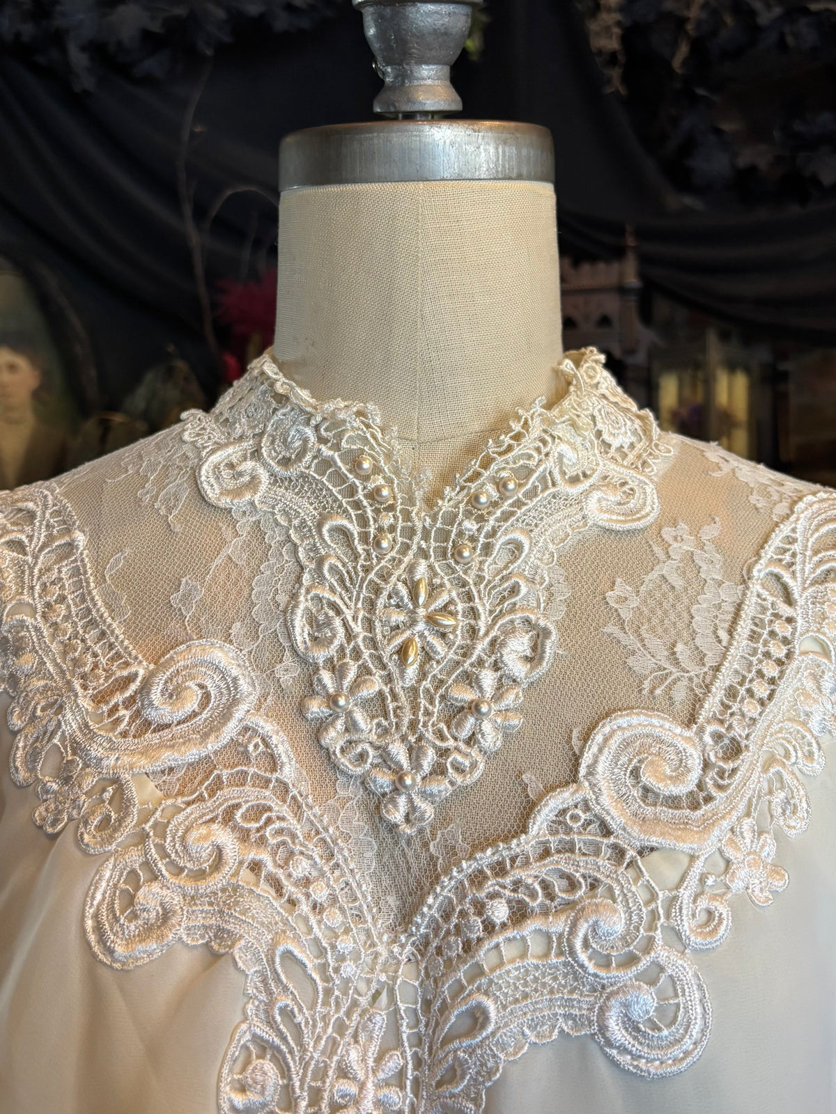 Vintage Beautiful White Lace Beaded Ruffle Blouse