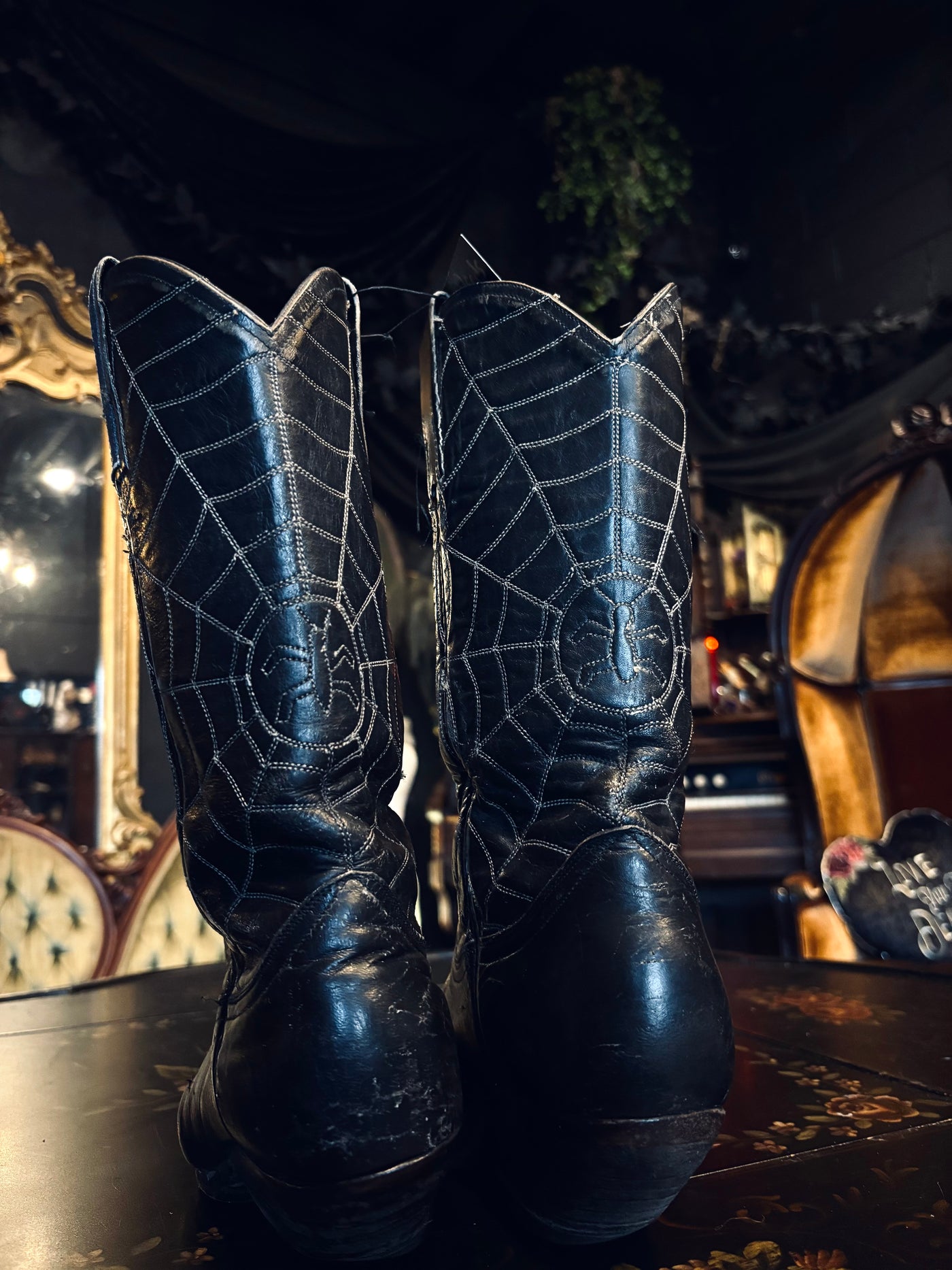 Vintage Goth Spiderweb Black Leather Cowboy Boots