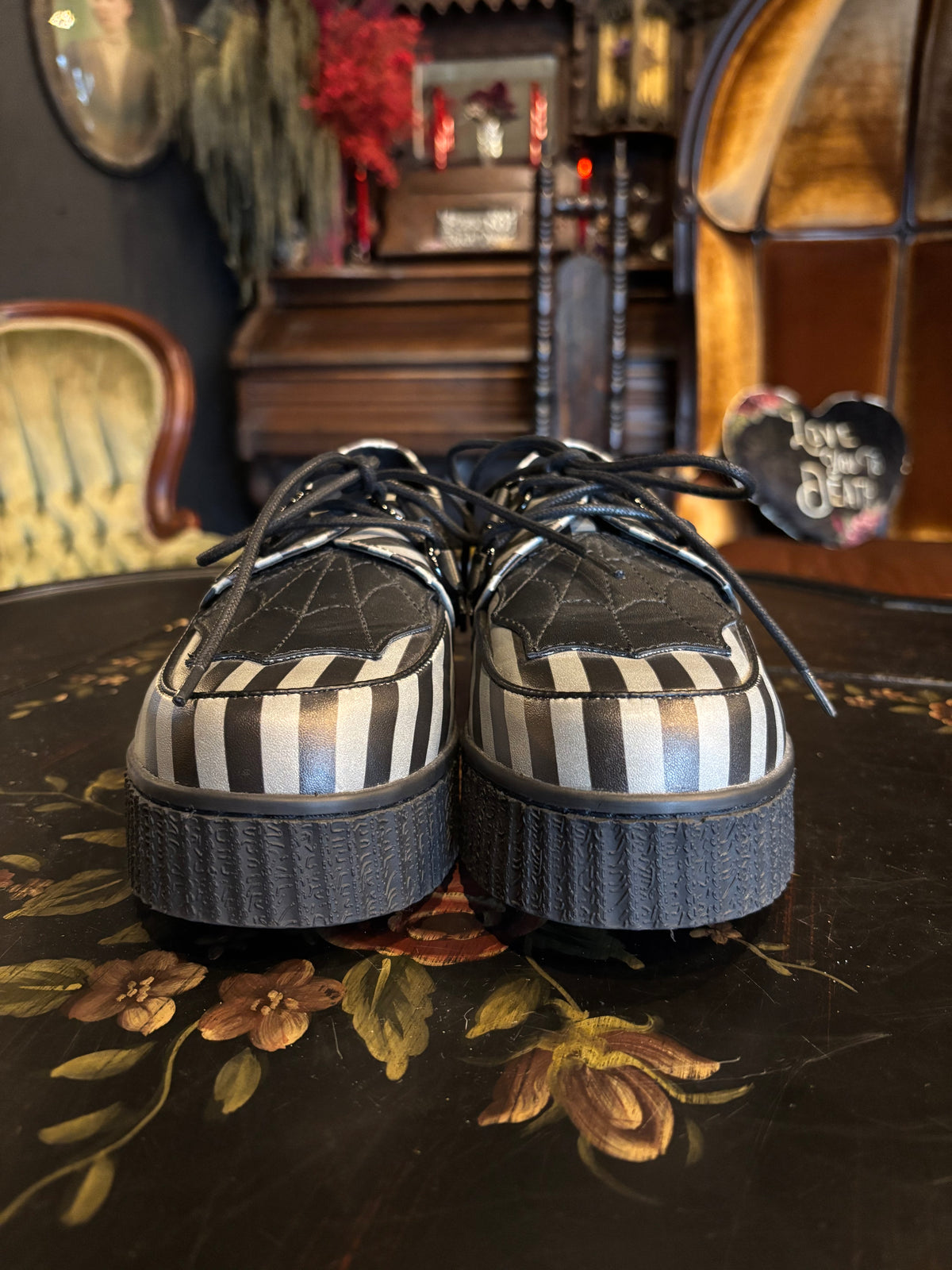Strange Cvlt Black & Grey Stripe Widow Creepers