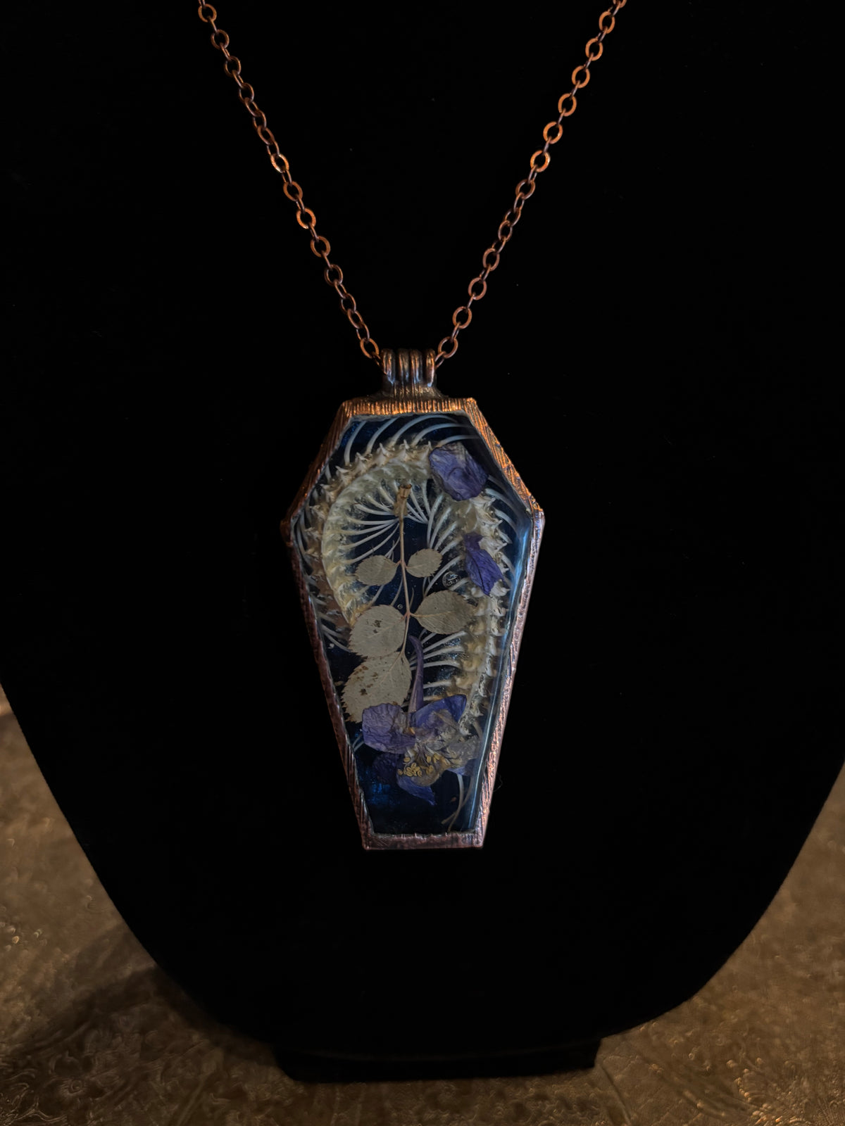 Large Oxidized Copper Coffin Encased Spine and Dried Floral Pendant Necklace by Darling Dead