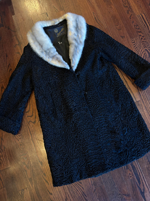 Vintage 1950’s Curly Lambs Wool Coat with Mink Fur Collar