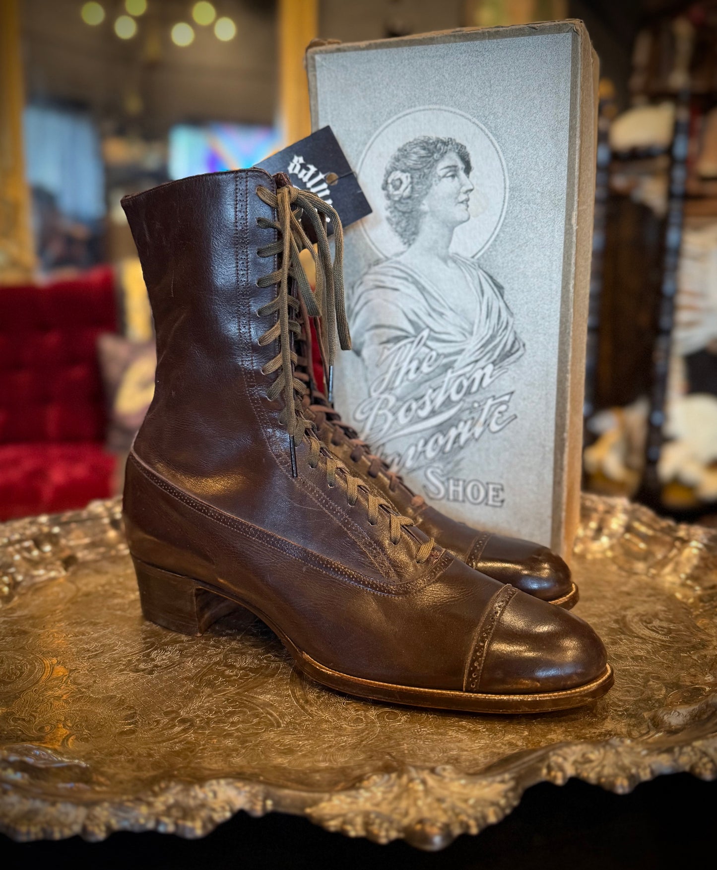 Antique ‘The Boston Favorite’ Brown Leather Deadstock Victorian Lace-Up Boots w/ Original Box