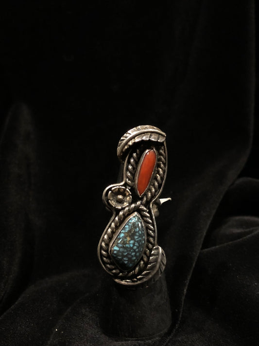 Sterling Silver Turquoise and Red Coral Double Stone Ornate Ring