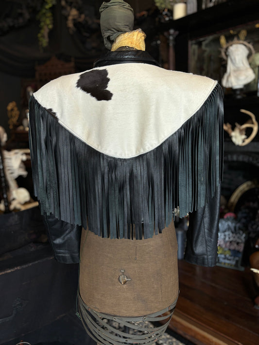 Vintage Continental Cowhide And Black Leather Fringed Cropped Jacket