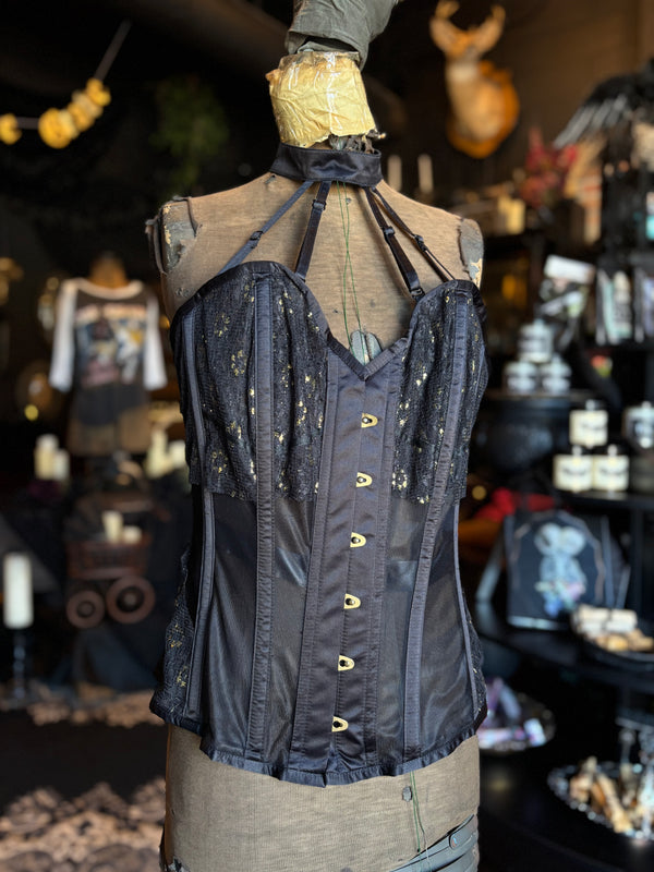 Corset Story Black and Gold Strappy Collar Mesh Corset