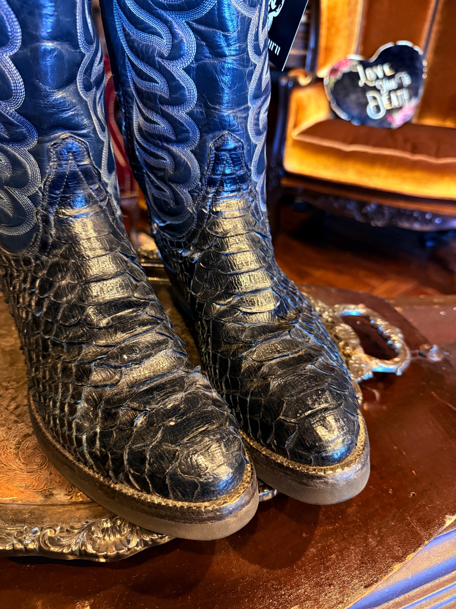 Tony Lama Dark Blue Teal Snakeskin Ornate Cowboy Boots