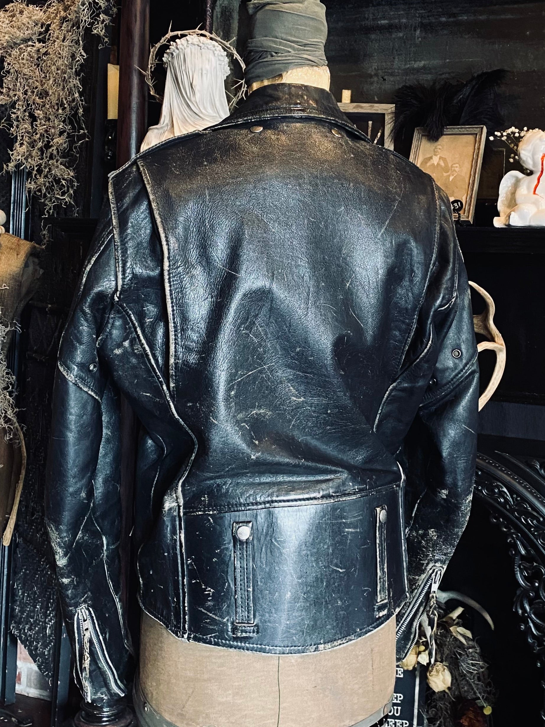 Vintage 70's Harley-Davidson Weathered Black Leather Motorcycle