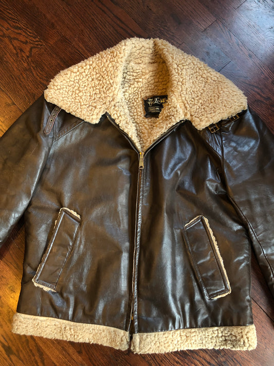 Vintage The Leather Shop Brown Leather Fleece-Lined Pilot Jacket