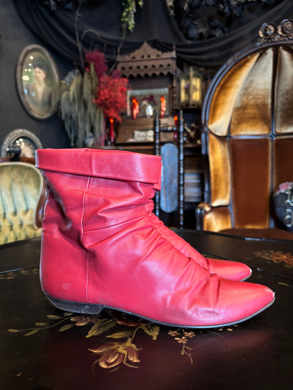 Vintage Cherry Red Leather Ruched Slouch Boots
